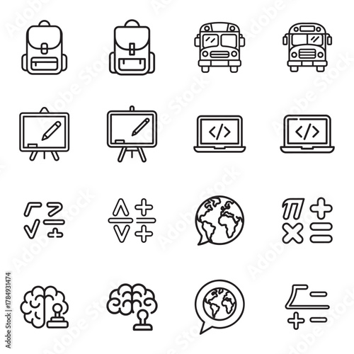 Comprehensive education and learning icons set featuring diverse symbols and concepts in silhouette style