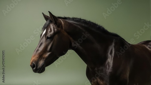 Elegant Dark Horse Profile Against Soft Green Background.