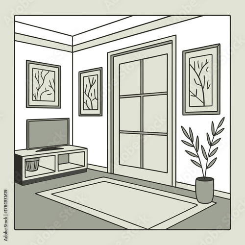Modern apartment living room interior, open space with rug and wall art, natural tones, flat 2D vector illustration.