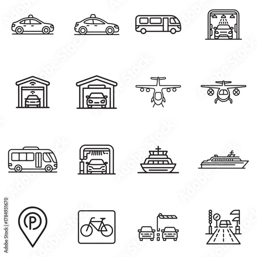 Collection of outline transport and vehicle icons in silhouette style