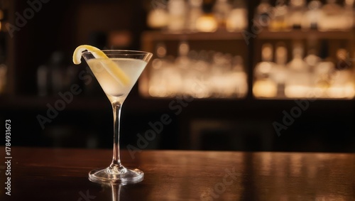 Elegant Martini Cocktail with Lemon Garnish on a Dark Bar Counter.