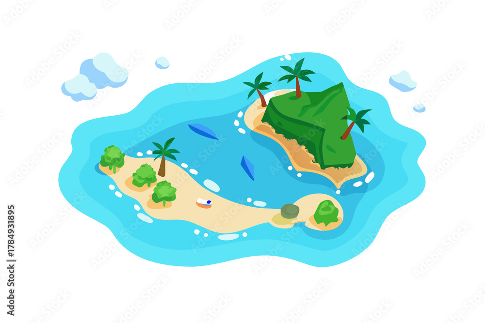 Naklejka premium Cartoon aerial view of a vibrant tropical island paradise with turquoise water and palm trees