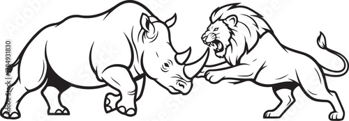 Aggressive Rhinoceros and Lion Confrontation Line Art Illustration