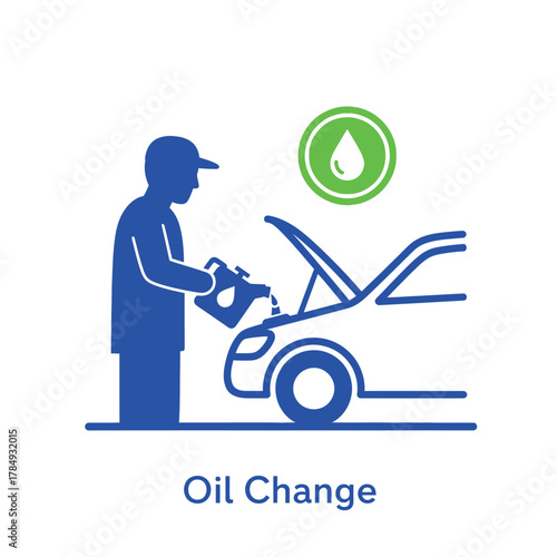 Vector illustration of mechanic performing an oil change on a car, with a green circle indicating a drop of oil
