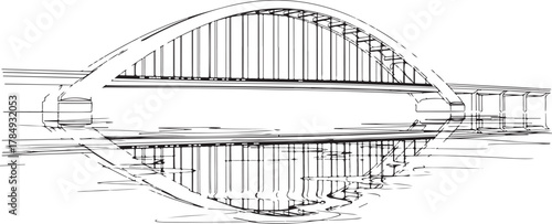 Line art illustration of a striking arch bridge reflected in calm water.