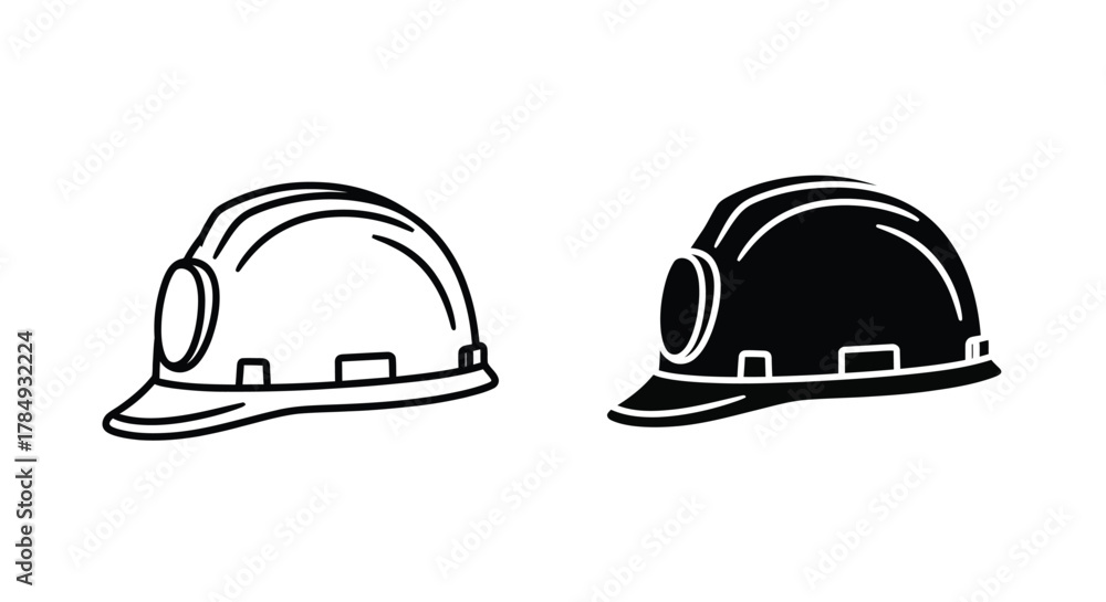 Fototapeta premium Line art illustration of two hard hats, one white and one black.