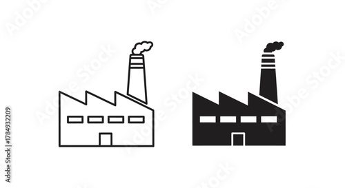 Black and white vector icons of a factory building with a smoking chimney, symbolizing industrial production and manufacturing.