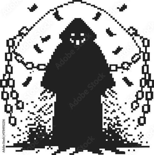 Grim reaper in black hooded cloak with chained background pixel art death character, dark gothic digital illustration