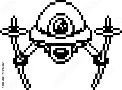 Pixel art futuristic drone with mechanical arms, flying surveillance robot with single eye and retro digital design