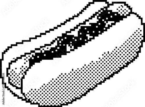 Pixelated hot dog illustration, classic fast food snack with sausage and bun in retro black and white dotted