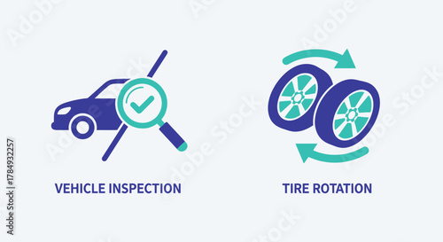 Vector illustration of car maintenance icons vehicle inspection with magnifying glass and checkmark, and tire rotation with spinning wheels, isolated on a light gray background