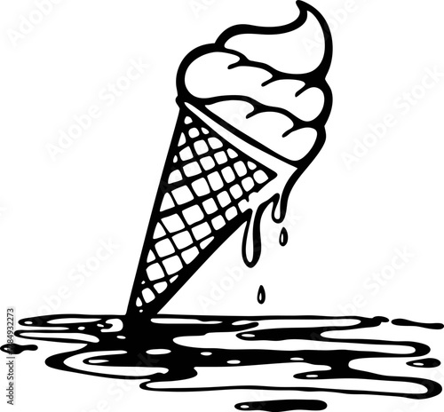 Melting ice cream cone with waffle pattern drips onto surface summer dessert, heat, food loss, sweet treat mess