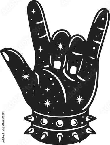 Rock hand gesture with spiked bracelet, black silhouette, celestial stars, cosmic pattern, punk music sign, expressive symbol