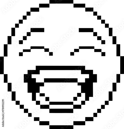 Pixelated laughing face emoticon retro digital smile with closed eyes, black and white expressively joyful emotion icon