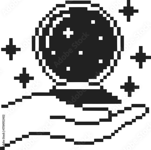 Pixel art hand holding crystal ball with sparkling stars retro digital fortune telling, mystic symbol, magical future vision