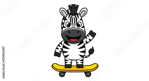 Cartoon zebra with black and white stripes riding a yellow skateboard, waving its hand.