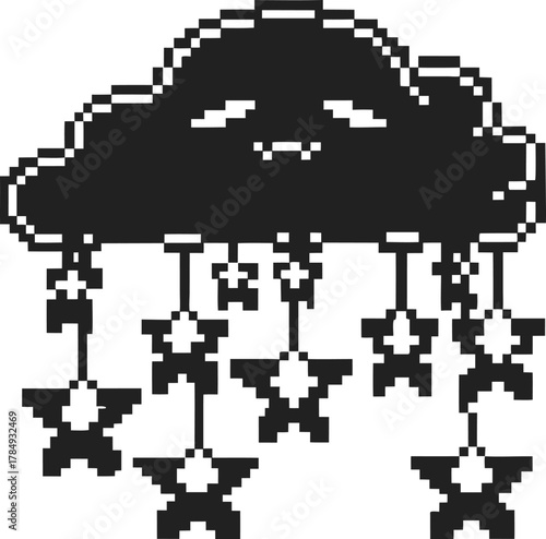 Playful pixel art cloud with smiling face, dangling stars, and black and white 8 bit retro digital illustration