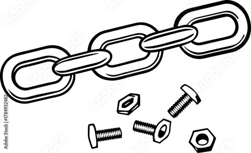 Metal chain links with bolts and nuts, black and white illustration industrial connection, hardware, engineering components