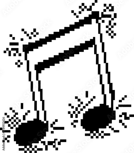 Pixelated music notes with digital glitch effect retro black and white audio icon, vintage 8 bit art symbolizing sound and melody