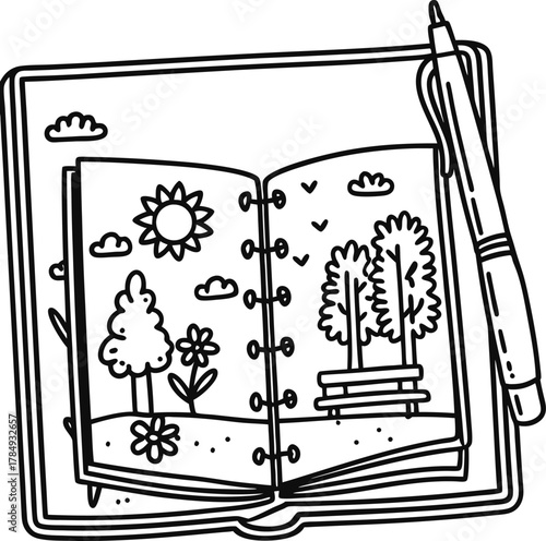 Open sketchbook with pen, drawing of park scene including trees, sun, flowers, bench, and clouds on blank pages