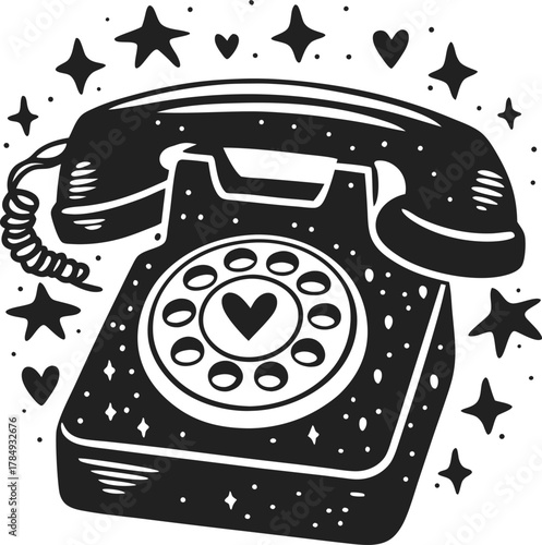 Vintage rotary telephone with heart symbol and decorative stars, retro communication illustration, black and white graphic art
