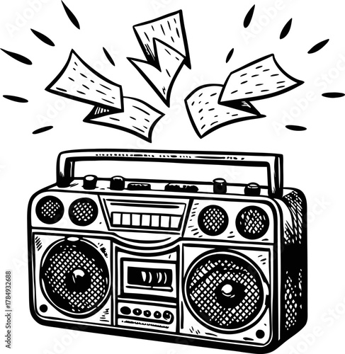 Retro boombox with flying papers vintage musical radio illustration, hand drawn cassette player, old school audio equipment