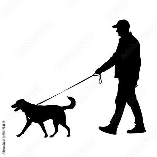 The silhouette of a man walking with his pet dog.