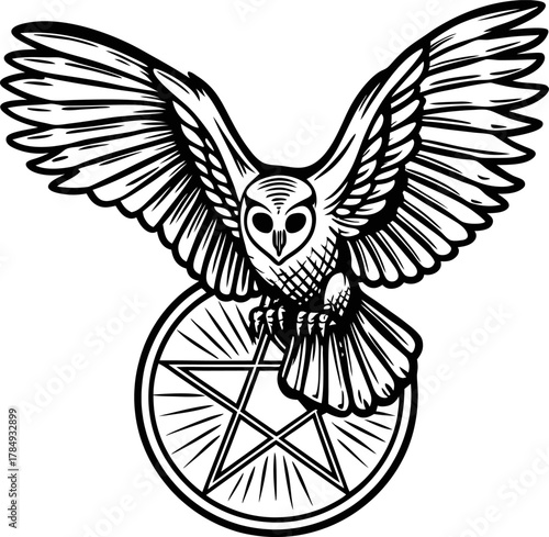 Mystical owl with outstretched wings perched on pentagram symbol monochrome occult illustration, fantasy animal line art