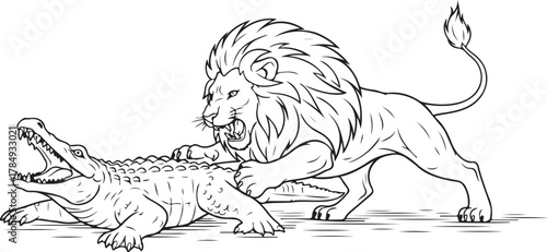 Lion Attacking Crocodile in Dynamic Battle Line Art Illustration
