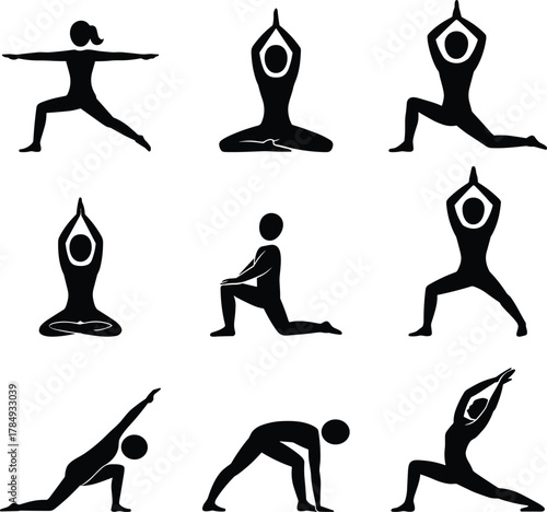 Set of yoga icons featuring various meditation poses and stretching postures for fitness and wellness
