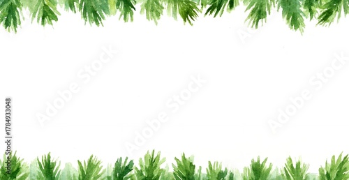 Simple watercolor Christmas border with green pine or fir branches at the top and bottom on a white background