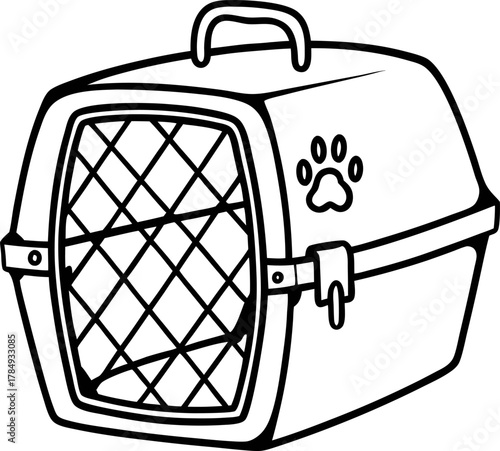 Pet carrier with secure grid door and paw print portable container for transporting animals safely and comfortably