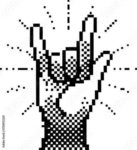 Pixel art rock hand sign, black and white retro iconic gesture for music lovers, digital pop culture symbolism