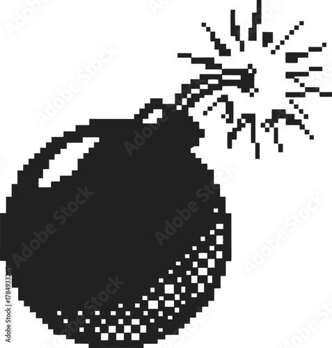 Pixel bomb icon with lit fuse retro digital explosion symbol, classic 8 bit video game danger, pixelated warning sign