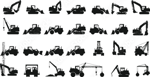 Construction vehicle icons, excavator, bulldozer, crane, dump truck, loader, silhouette set, heavy machinery, black vector, industrial equipment, tools