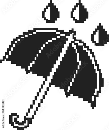 Pixel umbrella shielding from raindrops retro black and white umbrella icon, rainfall protection, weather safety, digital illustration
