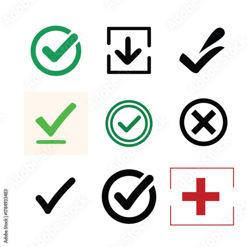 Collection of check mark and cross icons isolated on white background