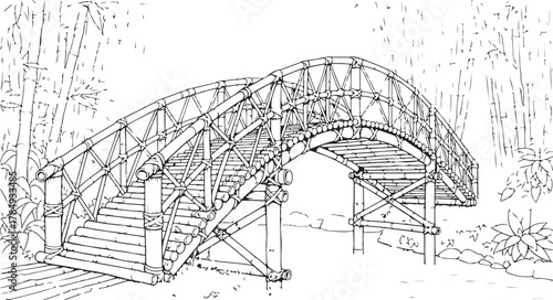 Traditional Bamboo Arch Bridge Line Art with Lush Nature Background