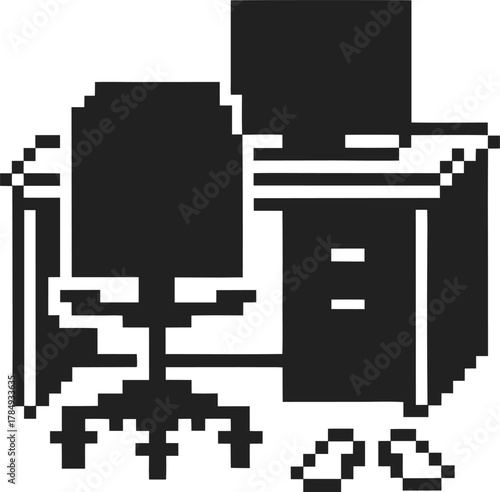 Monochrome pixel art office workspace with computer, chair, desk, drawers and shoes, minimalist digital illustration