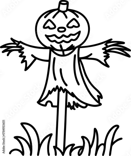 spooky halloween scarecrow outline, pumpkin head with jagged smile, tattered shirt on stick, black and white drawing