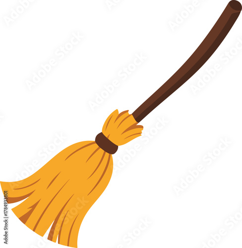 Brown wooden handle broom vector illustration for cleaning household chores or Halloween decorations