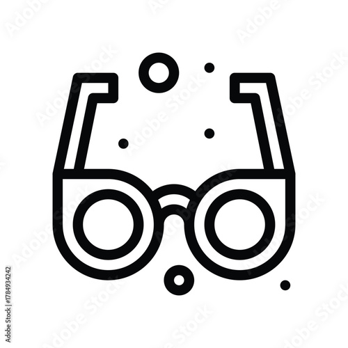 A line drawing of rounded eyeglasses surrounded by floating dots