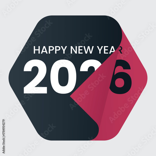 A festive hexagon split into black and red sections, showing a happy new year page curl effect design