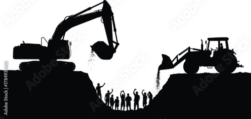 Excavator silhouette, bulldozer dumping, construction teamwork, trench celebration, black vector, soil movement, heavy machinery, workers cheering, industrial site, digging scene