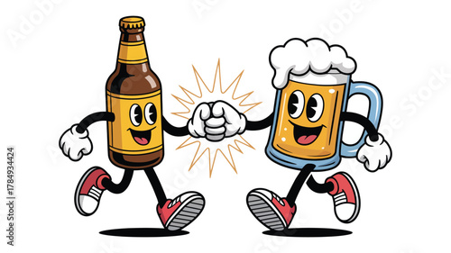 Cartoon Beer Bottle and Glass – Cute Characters Bumping Fists, Celebrating Friendship, Fun Vector Illustration for Pub, Party or Bar Design