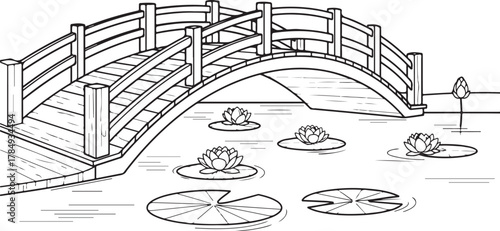 Black and White Line Art of a Japanese Arch Bridge Over a Water Lily Pond