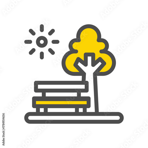 A park scene with a bench under a tree and a shining sun