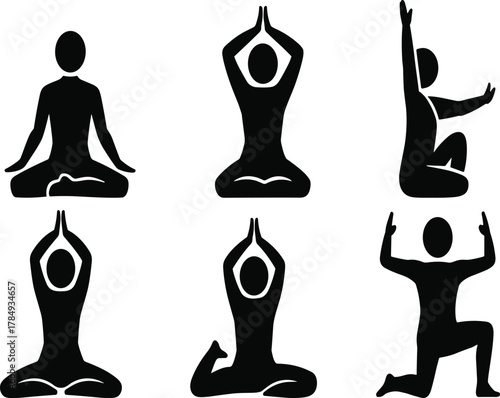 Yoga icons set depicting various meditation and fitness postures for wellness, illustrating different poses and stretching exercises