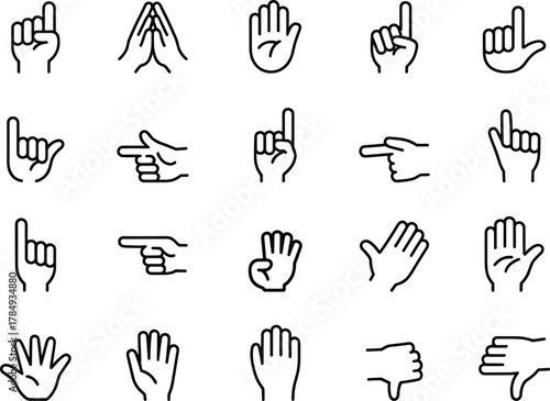 Yoga icons collection showing various hand gestures and postures for meditation, fitness, and wellness, ideal for illustrating stretching poses