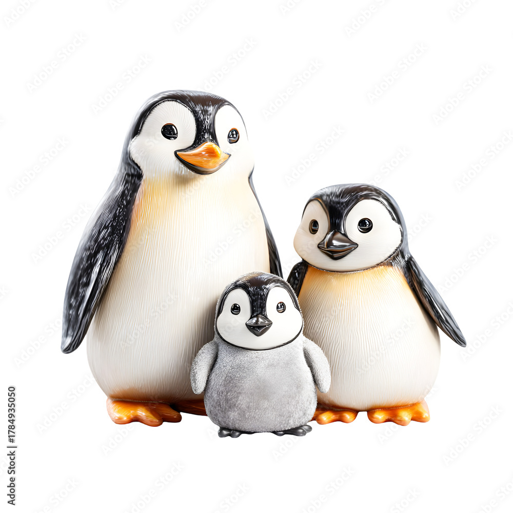Fototapeta premium Three adorable penguin figurines family group isolated on transparent background